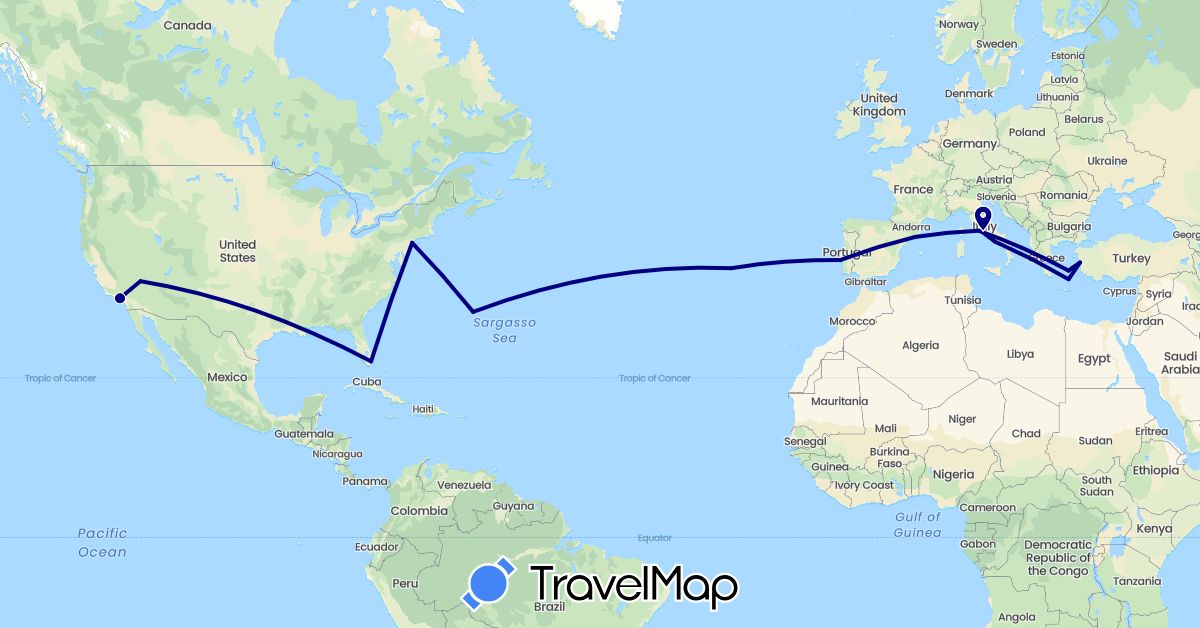 TravelMap itinerary: driving in Bermuda, Spain, Greece, Italy, Portugal, Turkey, United States (Asia, Europe, North America)